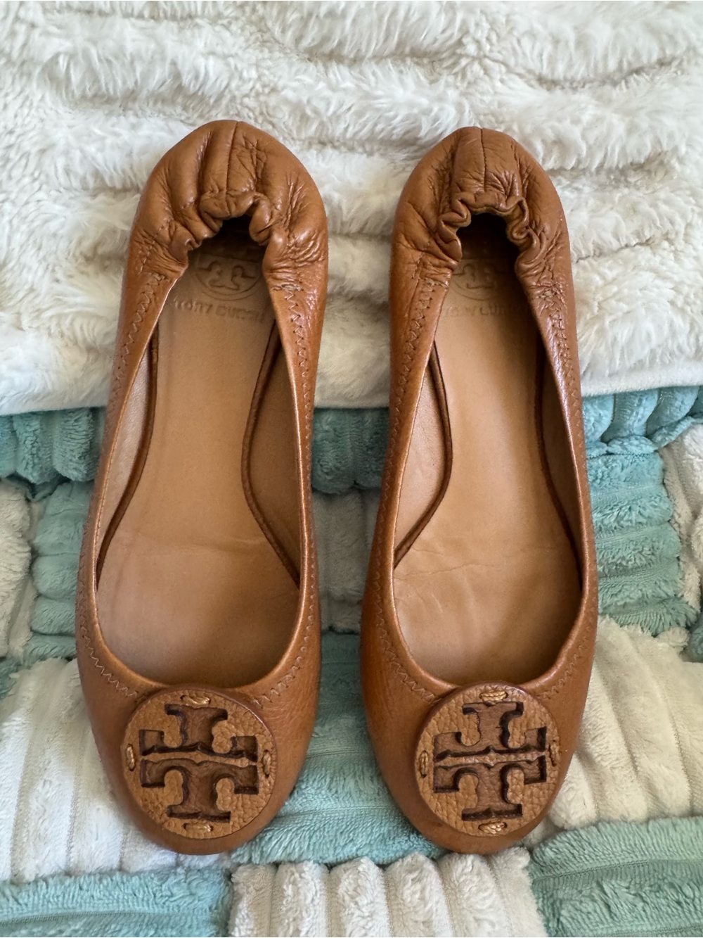 Tory Burch Tan Leather Logo Ballet Flats